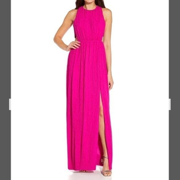 Aidan by Aidan Mattox Cutout Halter Pleated Gown in Pink Flame - Picture 3 of 9